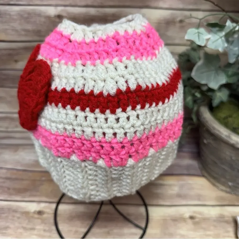Handmade Heart Knit Hat - Red, Pink, Cream. Messy Bun